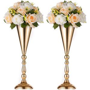 2 Pcs Tabletop Metal Wedding Flower Trumpet Vase,16.5 inch Tall Table Decorative